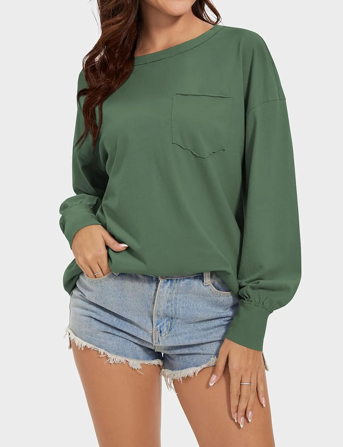UEU Womens Long Sleeve Tops Crew Neck Casual Oversized Cotton Shirts Blouses Tshirt Tee 2024 Fall Trendy Clothes with Pockets