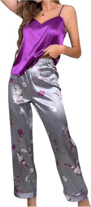 Verdusa Women's 2pcs Satin Pajama Sets Sleeveless Camisole Top and Floral Pants Pjs