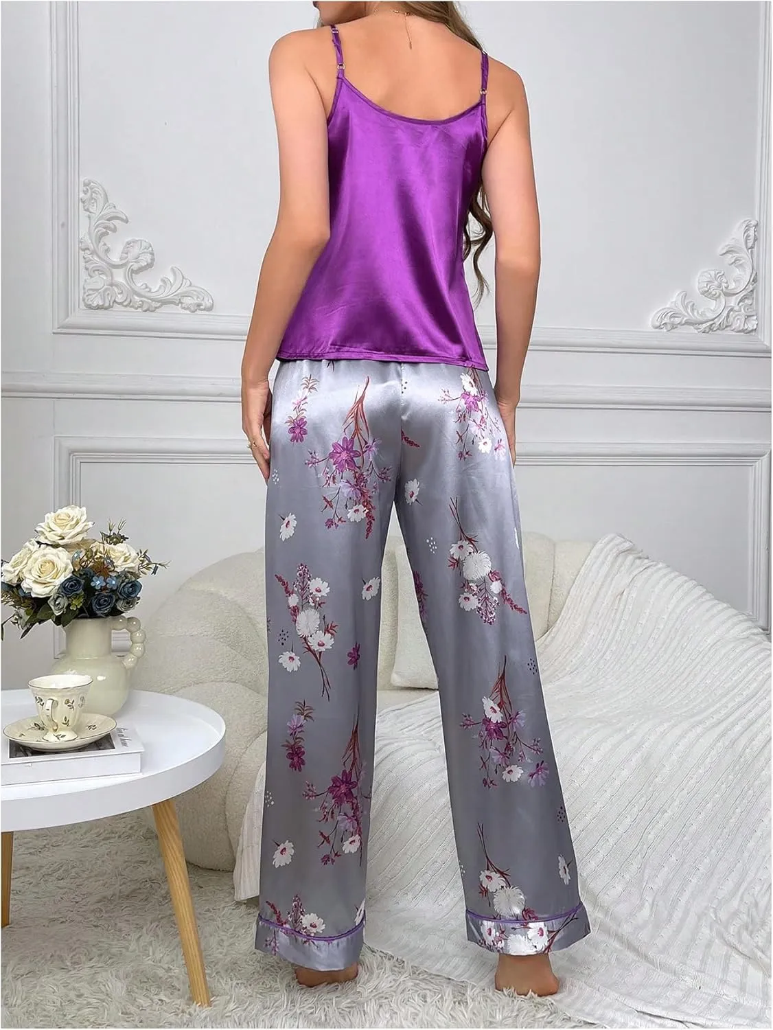 Verdusa Women's 2pcs Satin Pajama Sets Sleeveless Camisole Top and Floral Pants Pjs