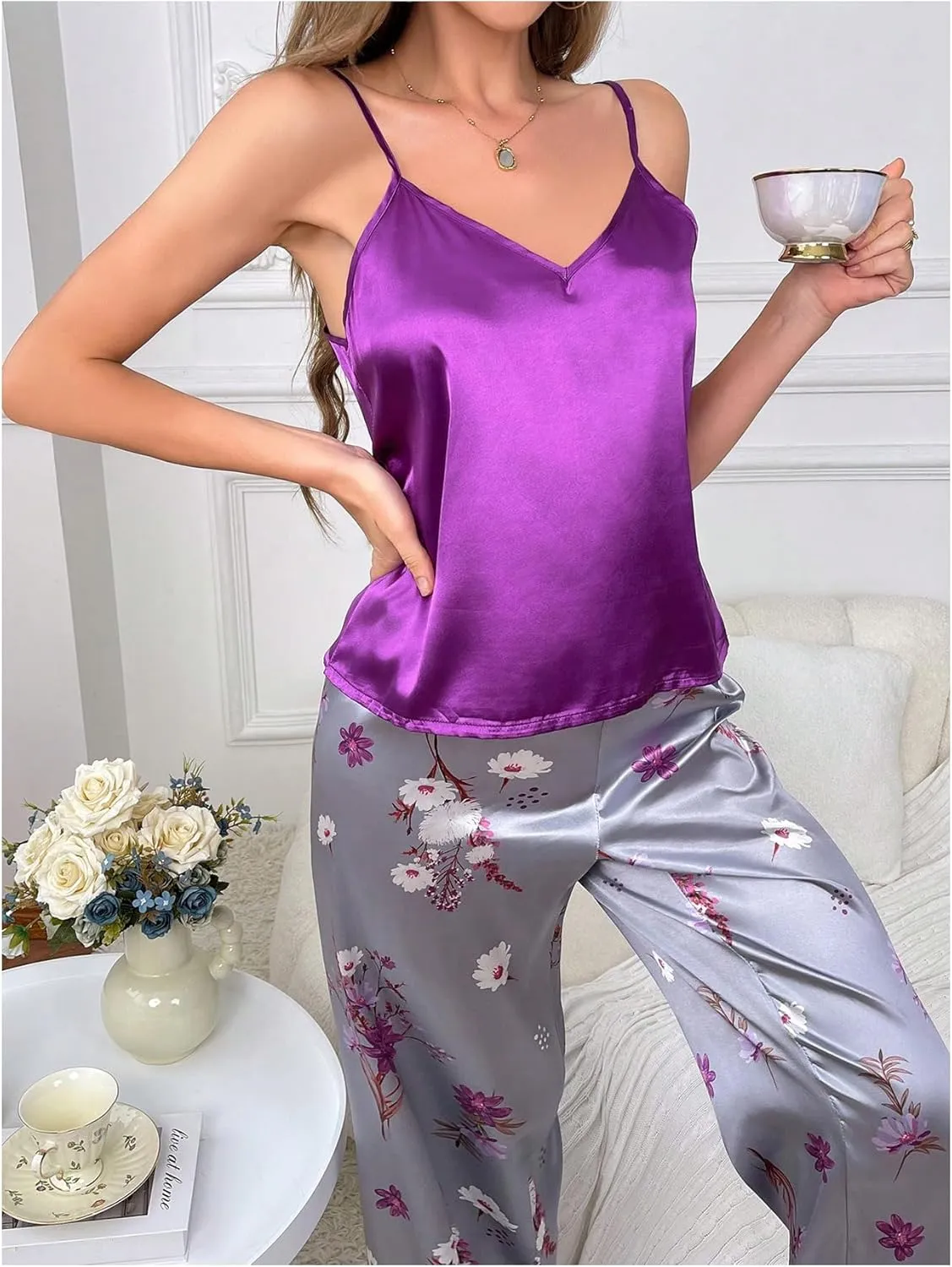Verdusa Women's 2pcs Satin Pajama Sets Sleeveless Camisole Top and Floral Pants Pjs