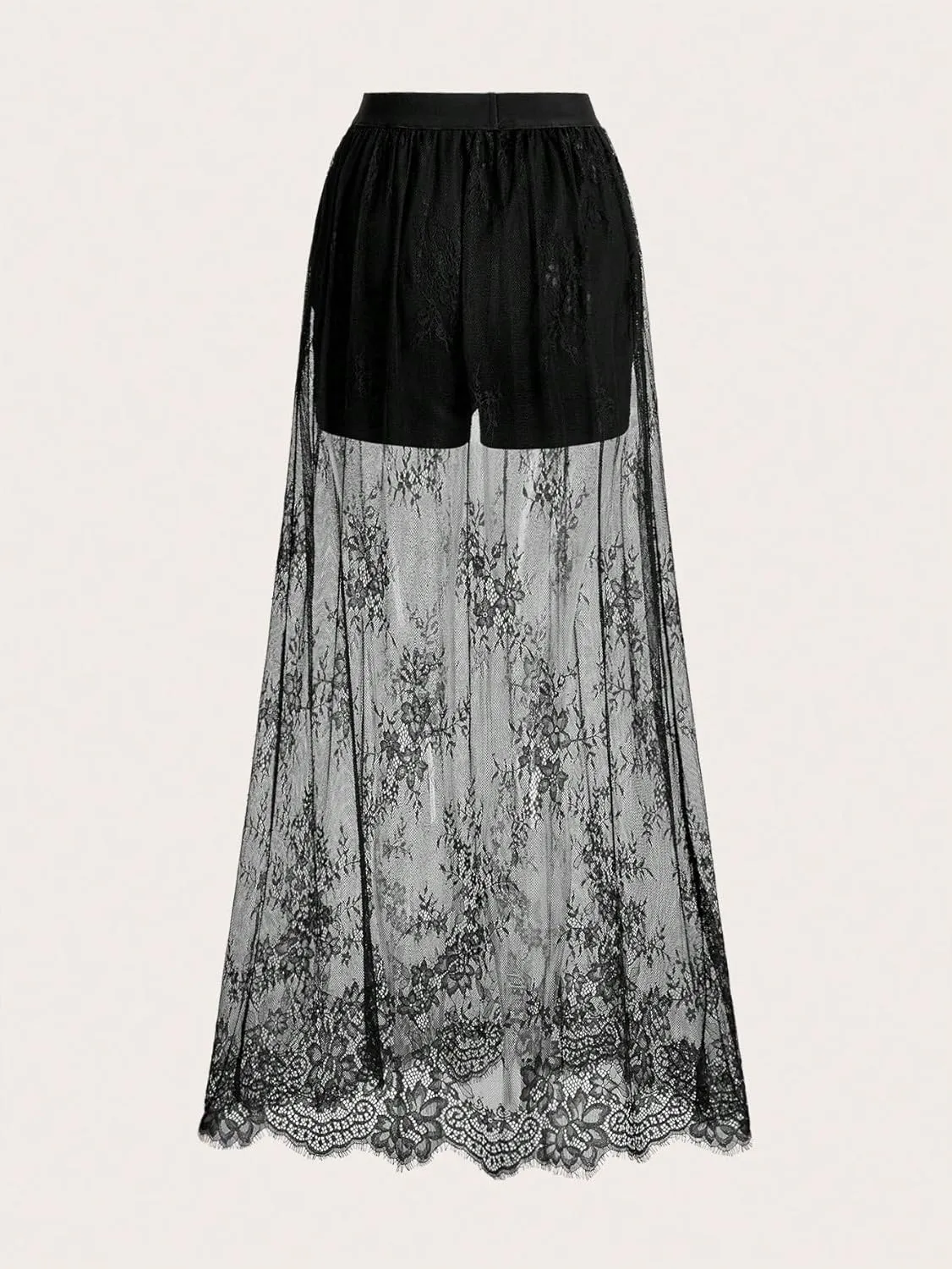 Verdusa Women's Elastic High Waist Lace A Line Long Skirt with Inner Shorts