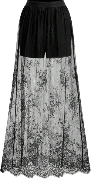 Verdusa Women's Elastic High Waist Lace A Line Long Skirt with Inner Shorts