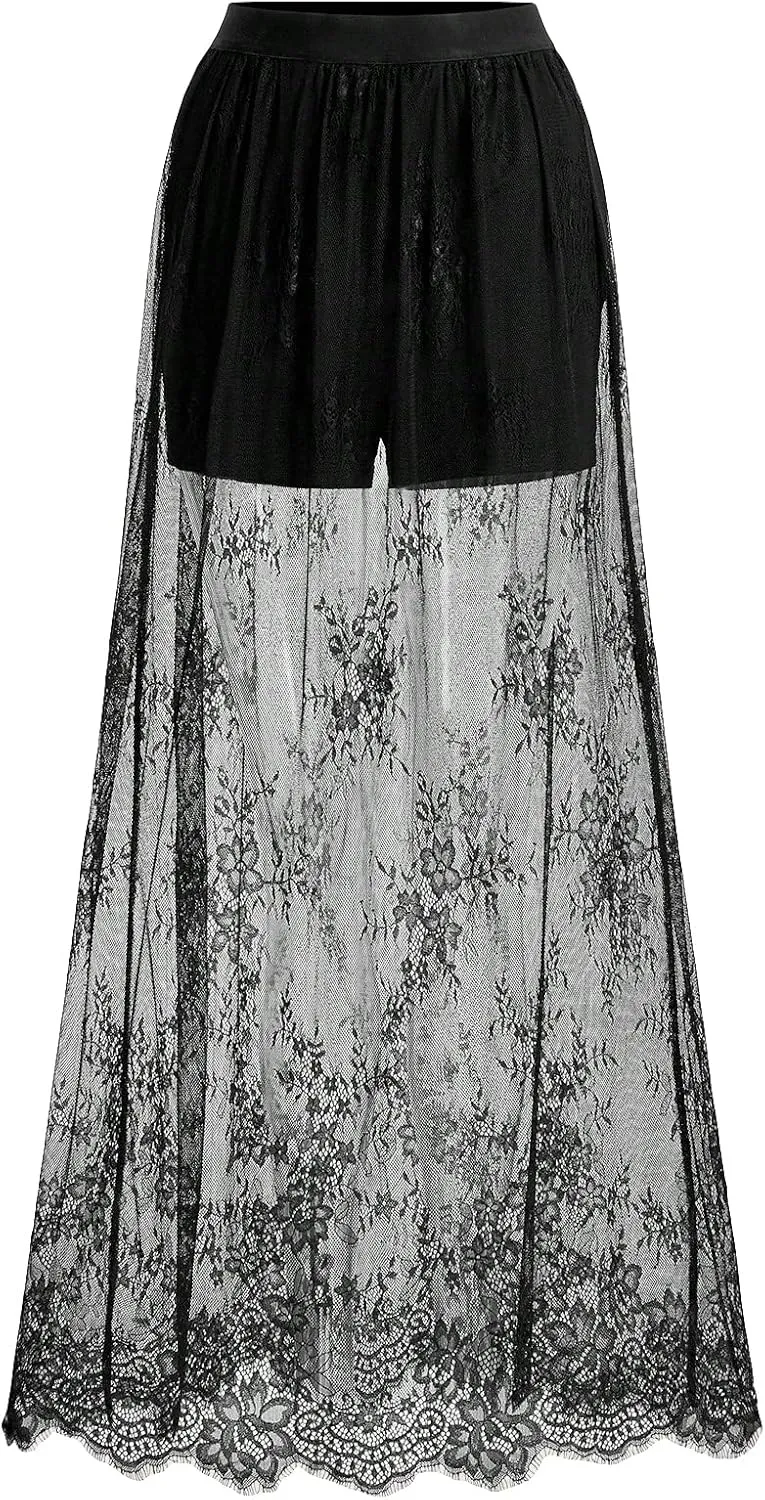 Verdusa Women's Elastic High Waist Lace A Line Long Skirt with Inner Shorts