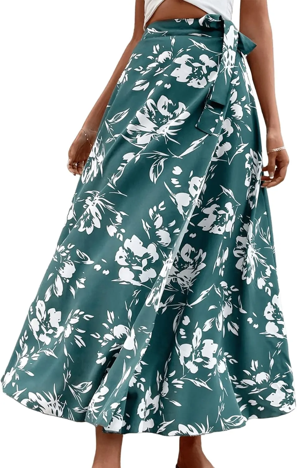 Verdusa Women's Floral Print Tie Up High Waist Belted Wrap A Line Maxi Skirt