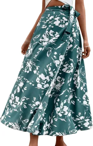 Verdusa Women's Floral Print Tie Up High Waist Belted Wrap A Line Maxi Skirt