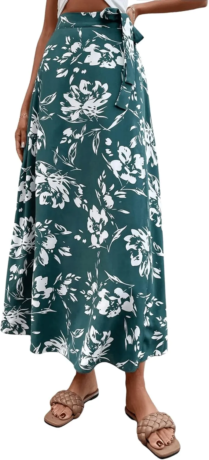 Verdusa Women's Floral Print Tie Up High Waist Belted Wrap A Line Maxi Skirt