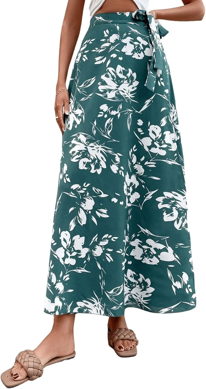 Verdusa Women's Floral Print Tie Up High Waist Belted Wrap A Line Maxi Skirt