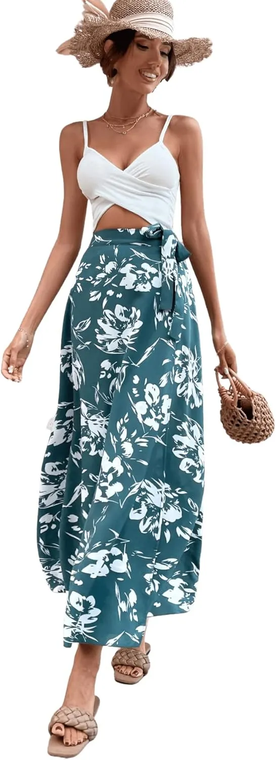 Verdusa Women's Floral Print Tie Up High Waist Belted Wrap A Line Maxi Skirt