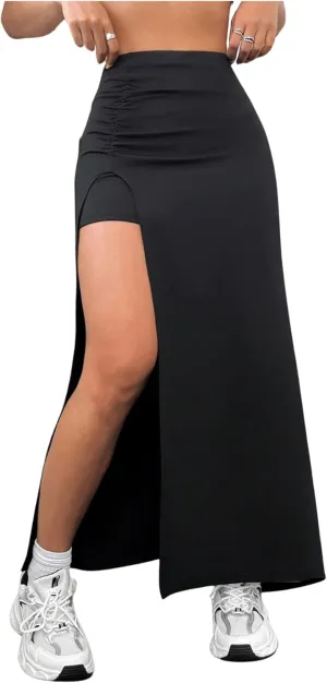 Verdusa Women's High Split Ruched Skirt Bodycon Long Skirts