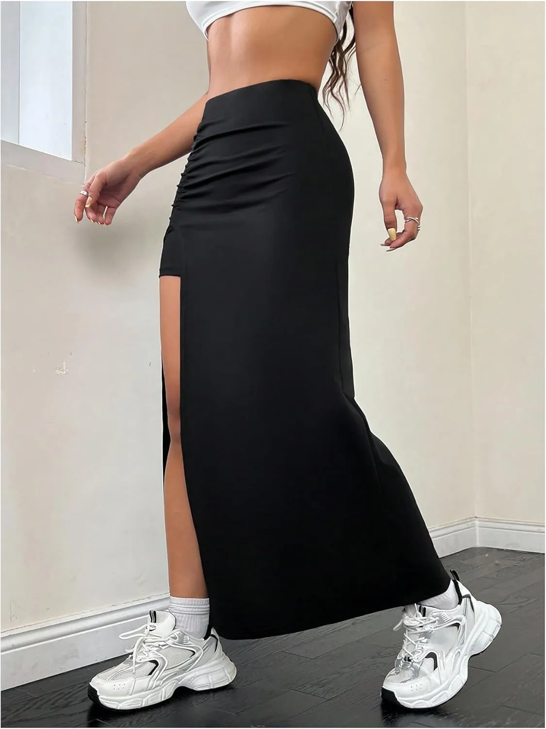 Verdusa Women's High Split Ruched Skirt Bodycon Long Skirts