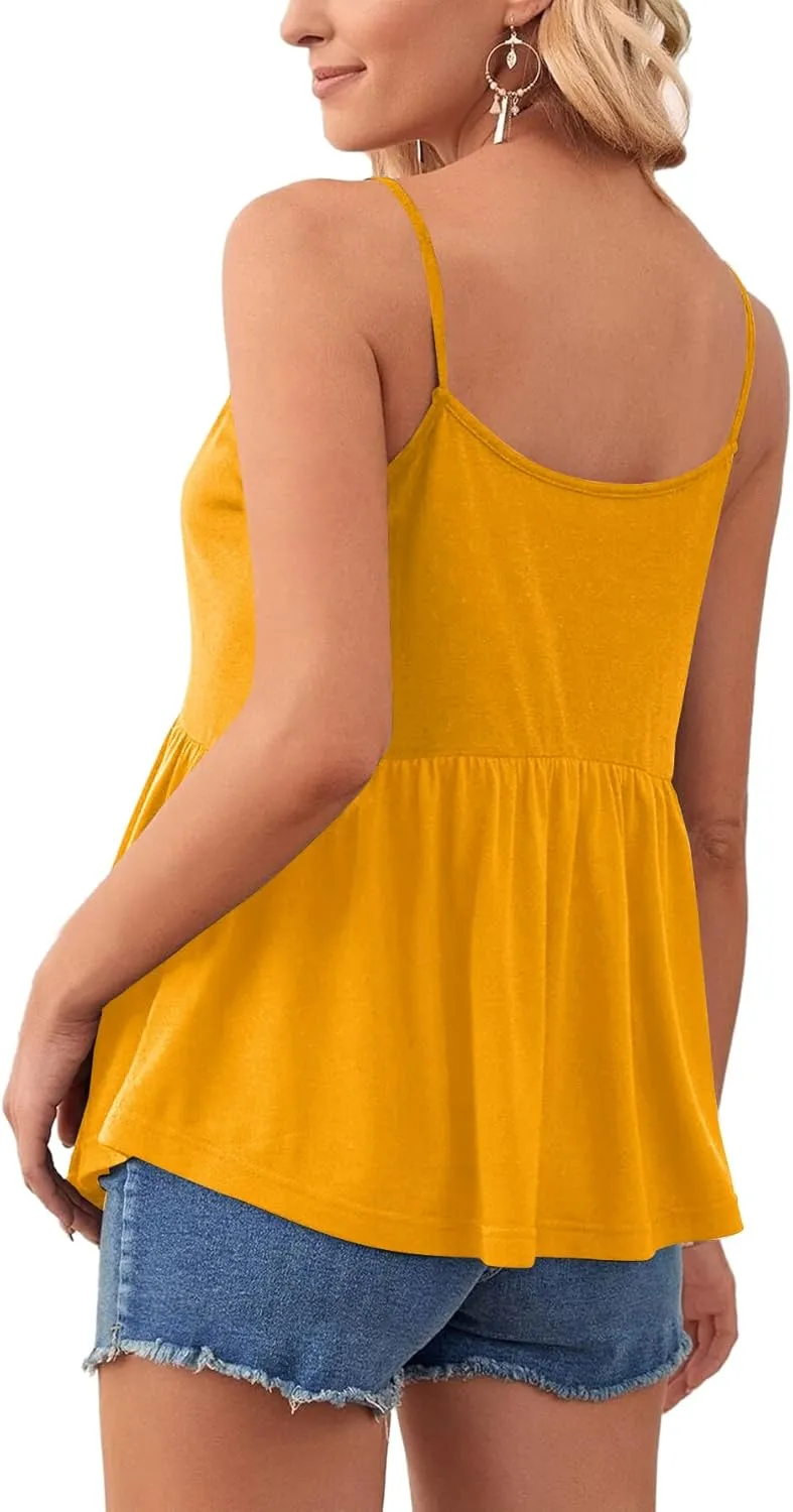 Vrtige Women's Spaghetti Strap Crewneck Pleated Ruffle Hem Sleeveless Cami Tank Peplum Top