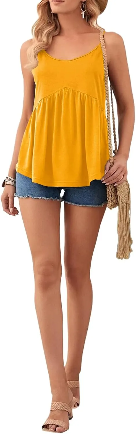 Vrtige Women's Spaghetti Strap Crewneck Pleated Ruffle Hem Sleeveless Cami Tank Peplum Top