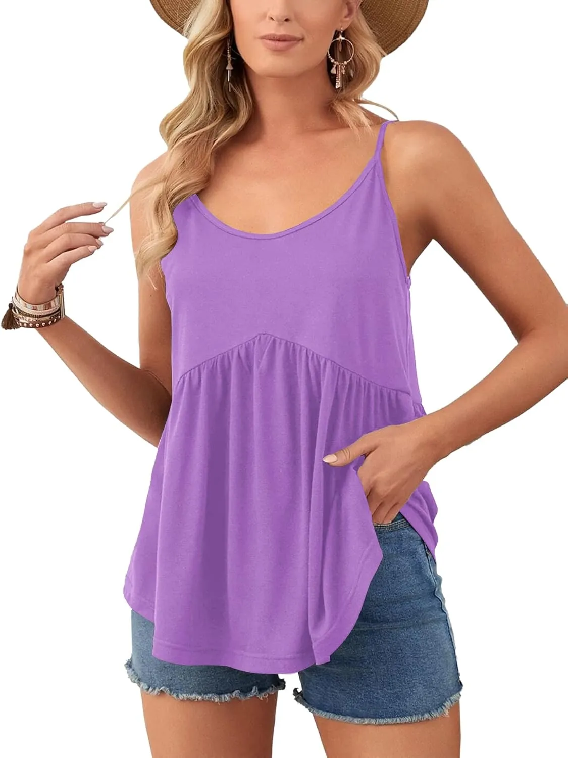 Vrtige Women's Spaghetti Strap Crewneck Pleated Ruffle Hem Sleeveless Cami Tank Peplum Top