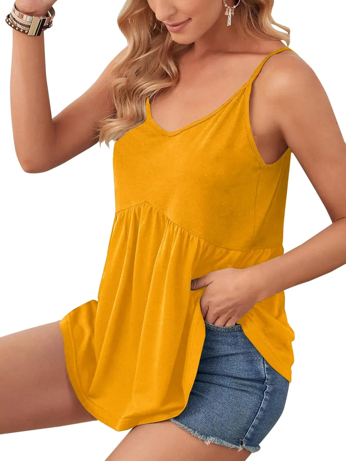 Vrtige Women's Spaghetti Strap Crewneck Pleated Ruffle Hem Sleeveless Cami Tank Peplum Top