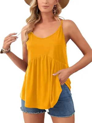 Vrtige Women's Spaghetti Strap Crewneck Pleated Ruffle Hem Sleeveless Cami Tank Peplum Top