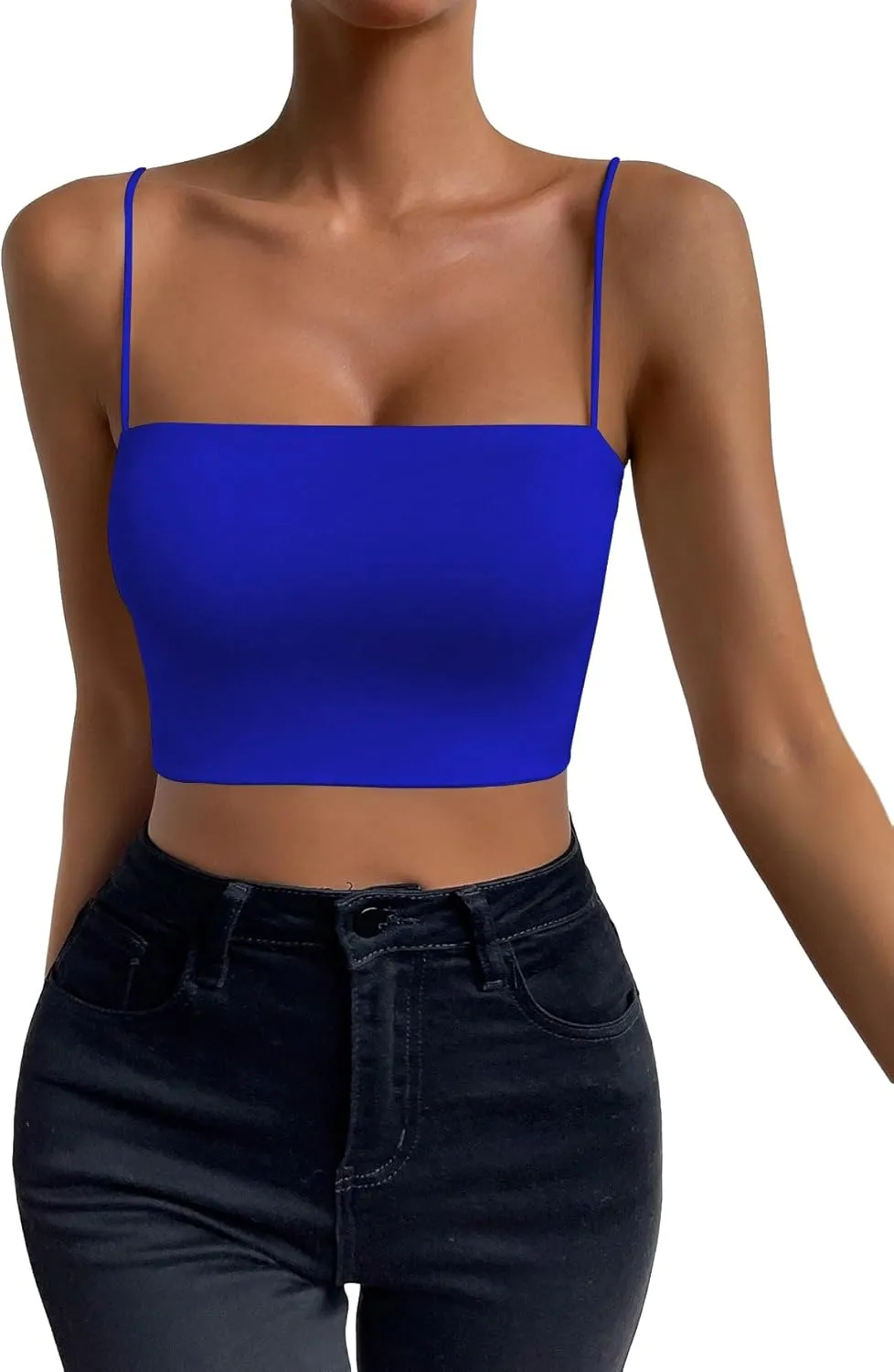 WDIRARA Women's Spaghetti Strap Solid Crop Cami Top Sleeveless Basic Cami Tank Tops