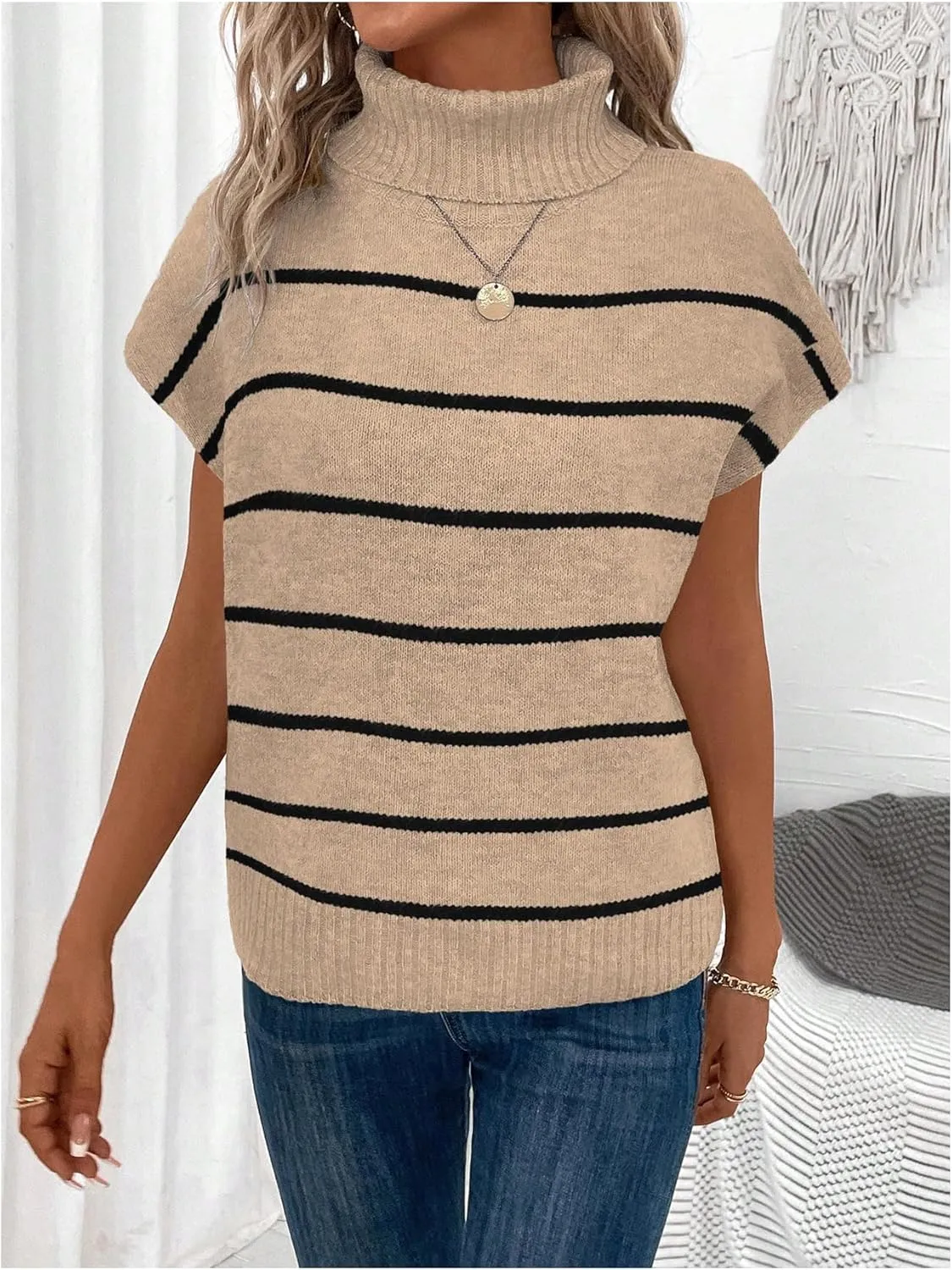 WDIRARA Women's Striped Turtleneck Sweater Vest Cap Sleeve Pullovers Loose Oversized Knit Top