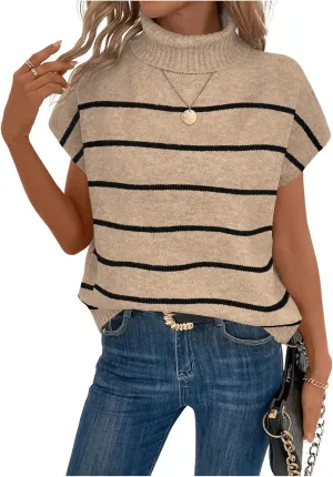 WDIRARA Women's Striped Turtleneck Sweater Vest Cap Sleeve Pullovers Loose Oversized Knit Top