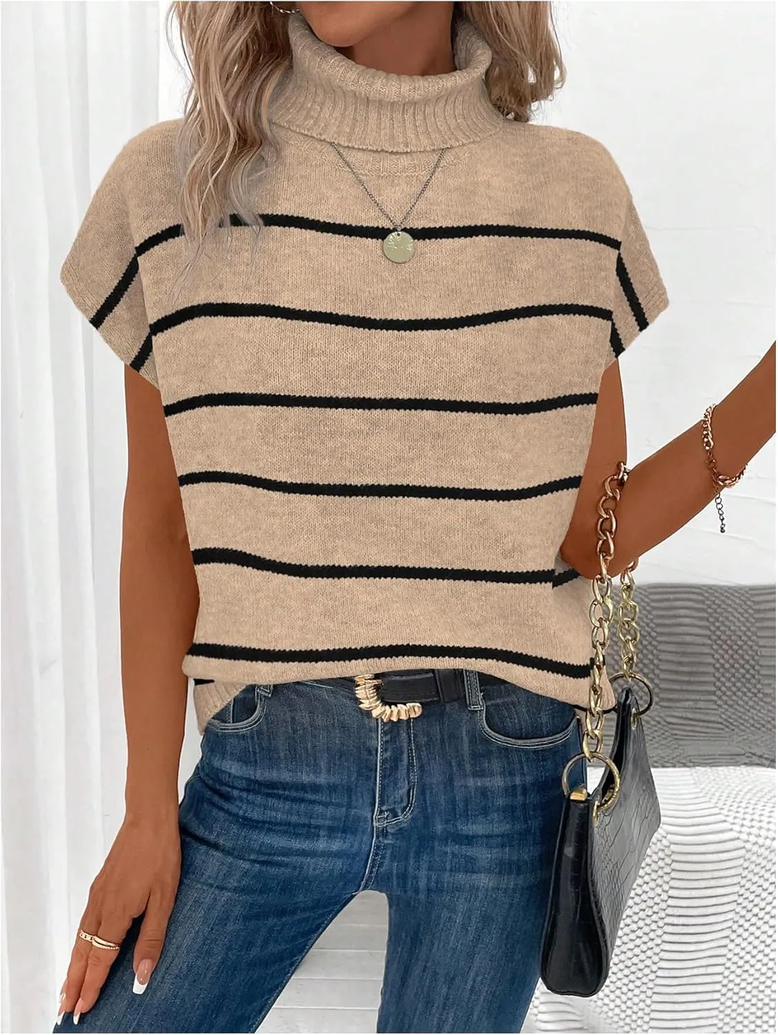 WDIRARA Women's Striped Turtleneck Sweater Vest Cap Sleeve Pullovers Loose Oversized Knit Top