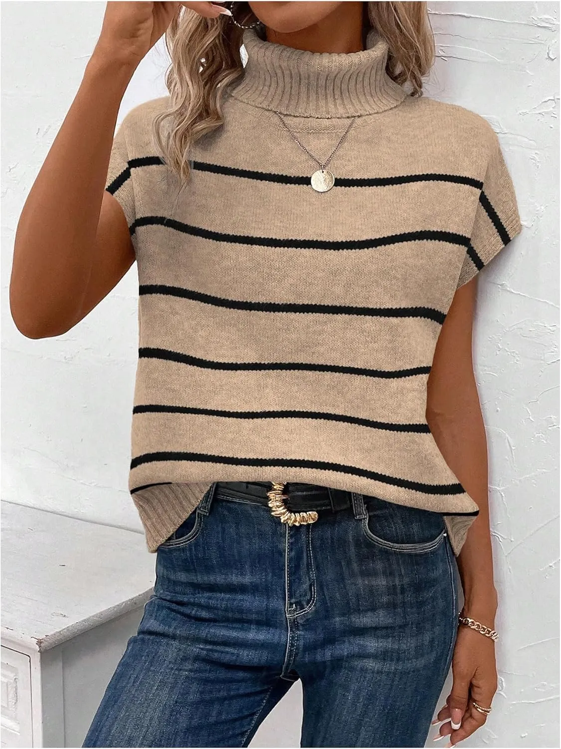 WDIRARA Women's Striped Turtleneck Sweater Vest Cap Sleeve Pullovers Loose Oversized Knit Top