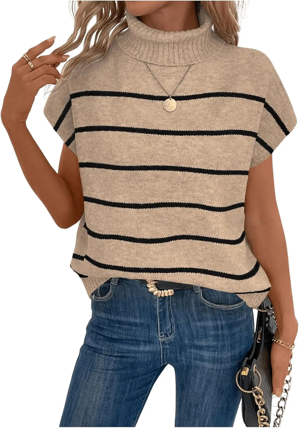 WDIRARA Women's Striped Turtleneck Sweater Vest Cap Sleeve Pullovers Loose Oversized Knit Top