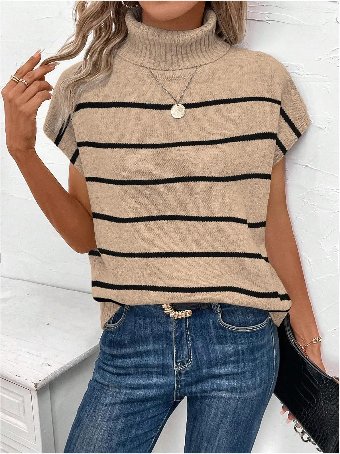 WDIRARA Women's Striped Turtleneck Sweater Vest Cap Sleeve Pullovers Loose Oversized Knit Top
