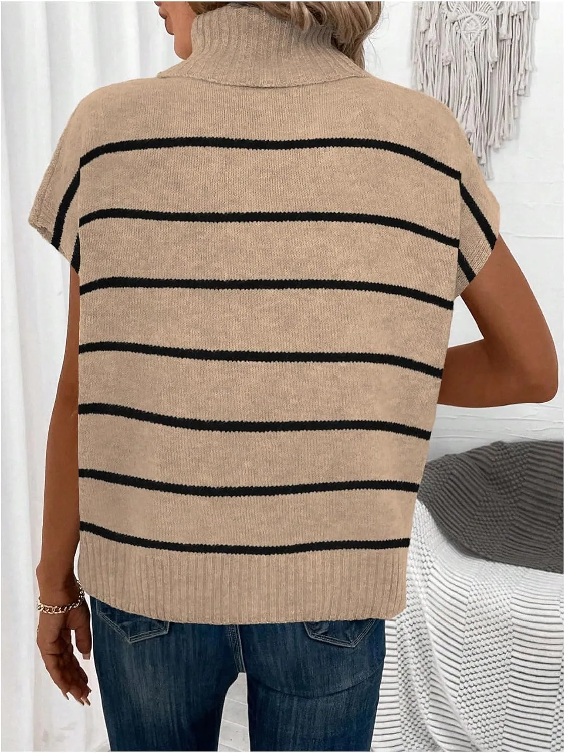 WDIRARA Women's Striped Turtleneck Sweater Vest Cap Sleeve Pullovers Loose Oversized Knit Top