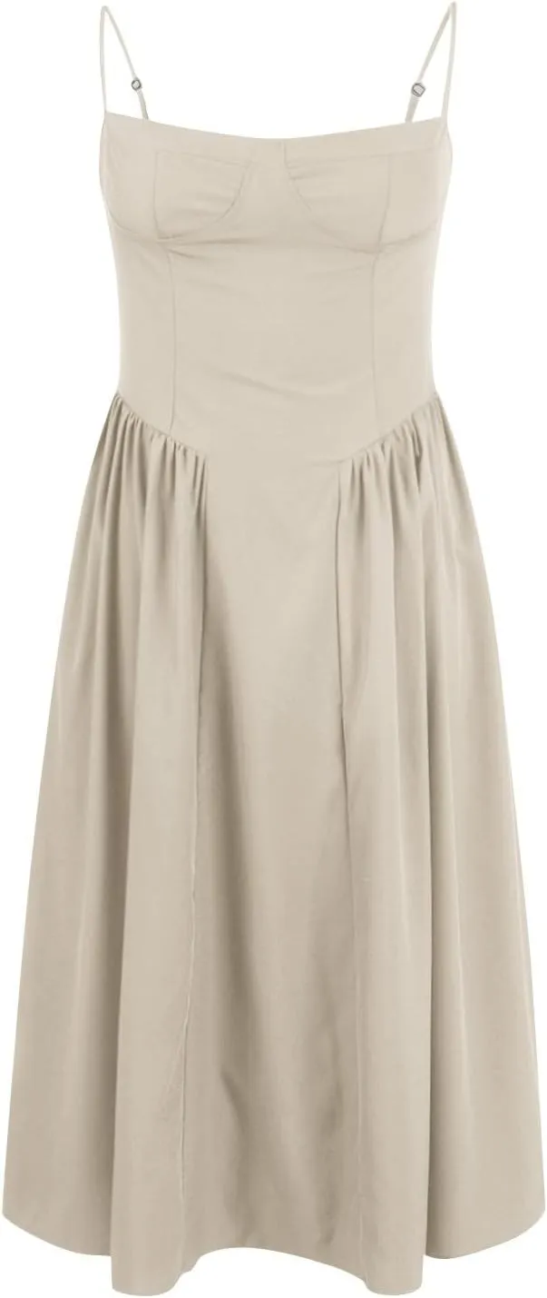 Wedding Guest Dresses for Women Elegant Spaghetti Strap Midi Dress Flowy Pleated Hem Low Cut Prom Dresses