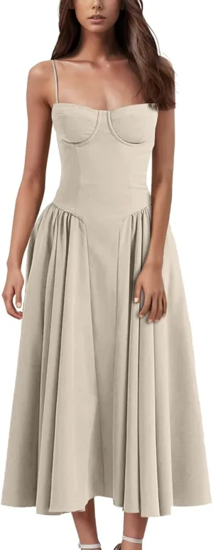 Wedding Guest Dresses for Women Elegant Spaghetti Strap Midi Dress Flowy Pleated Hem Low Cut Prom Dresses