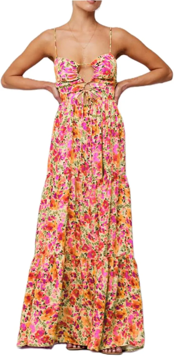 Women Boho Tie Shoulder Maxi Dress Y2k Floral Smocked Tiered Patchwork Long Dress Sleeveless Flowy Beach Sundresses