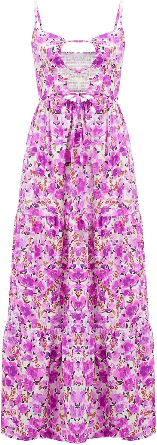 Women Boho Tie Shoulder Maxi Dress Y2k Floral Smocked Tiered Patchwork Long Dress Sleeveless Flowy Beach Sundresses