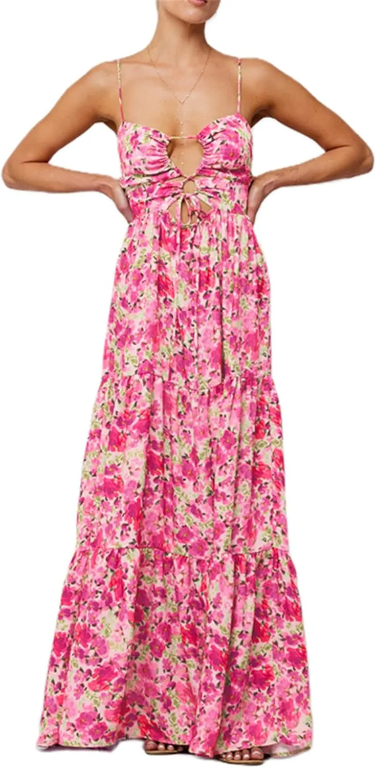 Women Boho Tie Shoulder Maxi Dress Y2k Floral Smocked Tiered Patchwork Long Dress Sleeveless Flowy Beach Sundresses