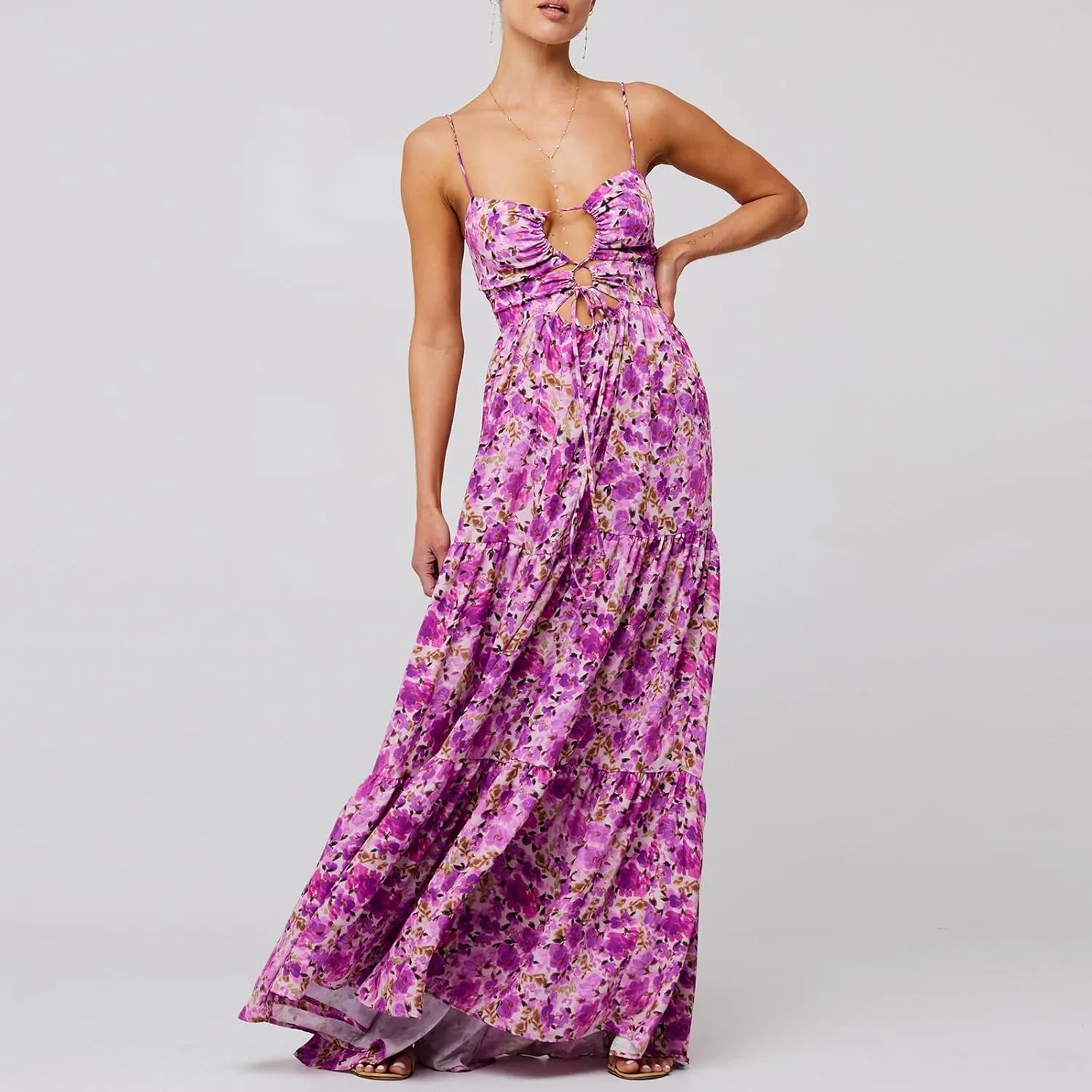 Women Boho Tie Shoulder Maxi Dress Y2k Floral Smocked Tiered Patchwork Long Dress Sleeveless Flowy Beach Sundresses