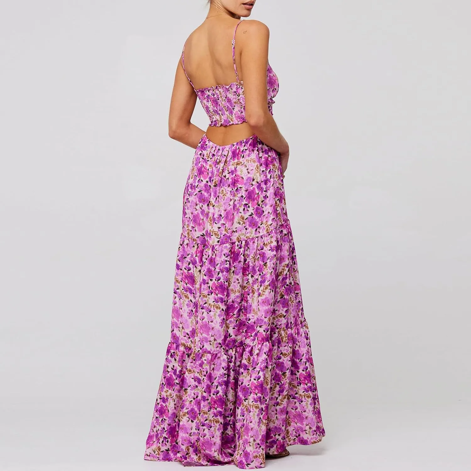 Women Boho Tie Shoulder Maxi Dress Y2k Floral Smocked Tiered Patchwork Long Dress Sleeveless Flowy Beach Sundresses