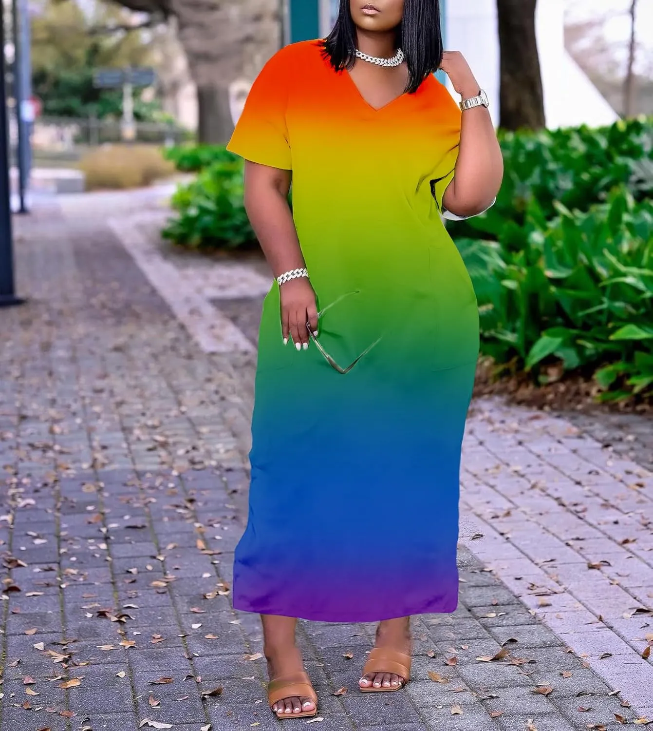Women Casual T-Shirt Dress V Neck Short Sleeve with Front Two Pockets Solid Color Oversize Dresses