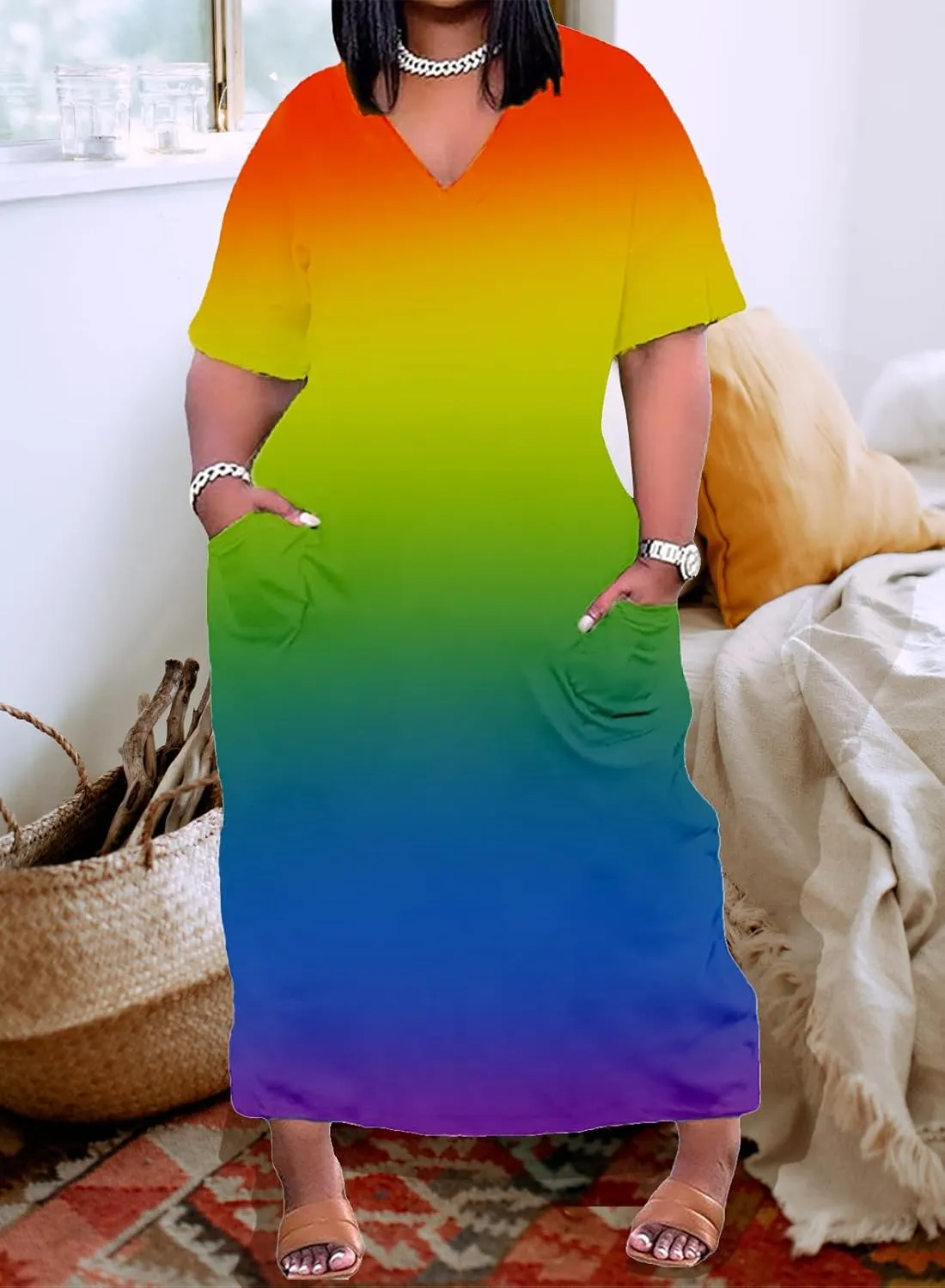 Women Casual T-Shirt Dress V Neck Short Sleeve with Front Two Pockets Solid Color Oversize Dresses
