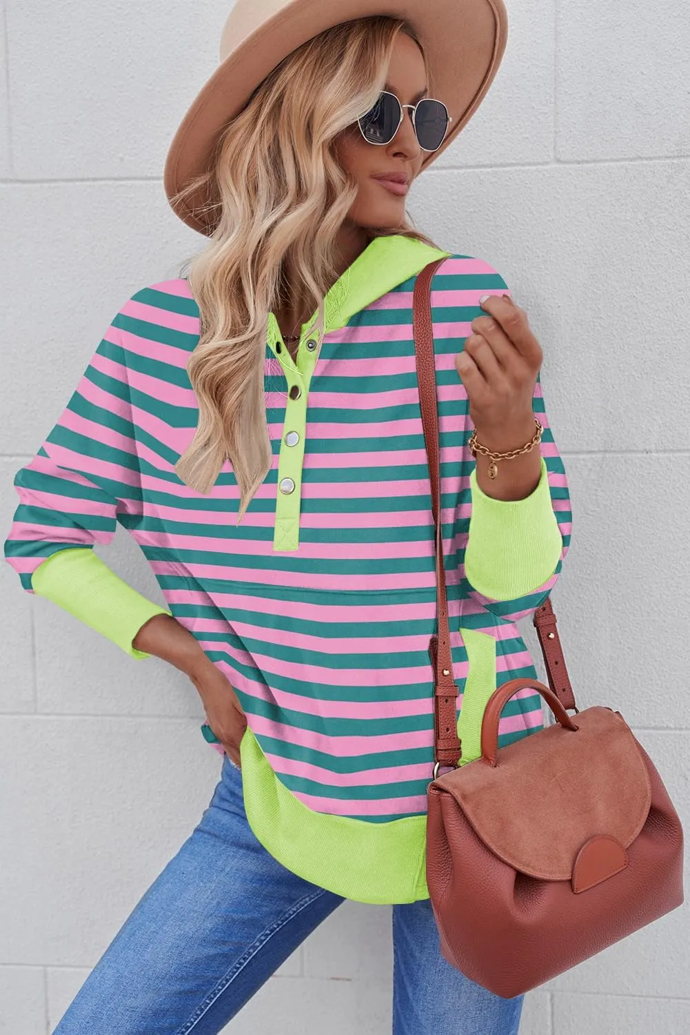 Women Causal Long Sleeve Hoodie Oversied Button Collar V Neck Sweatshirt Trendy Pullover Tops With Pockets Fashion 2024
