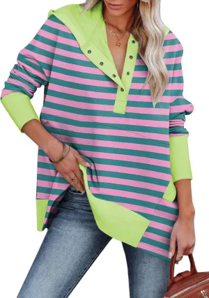 Women Causal Long Sleeve Hoodie Oversied Button Collar V Neck Sweatshirt Trendy Pullover Tops With Pockets Fashion 2024