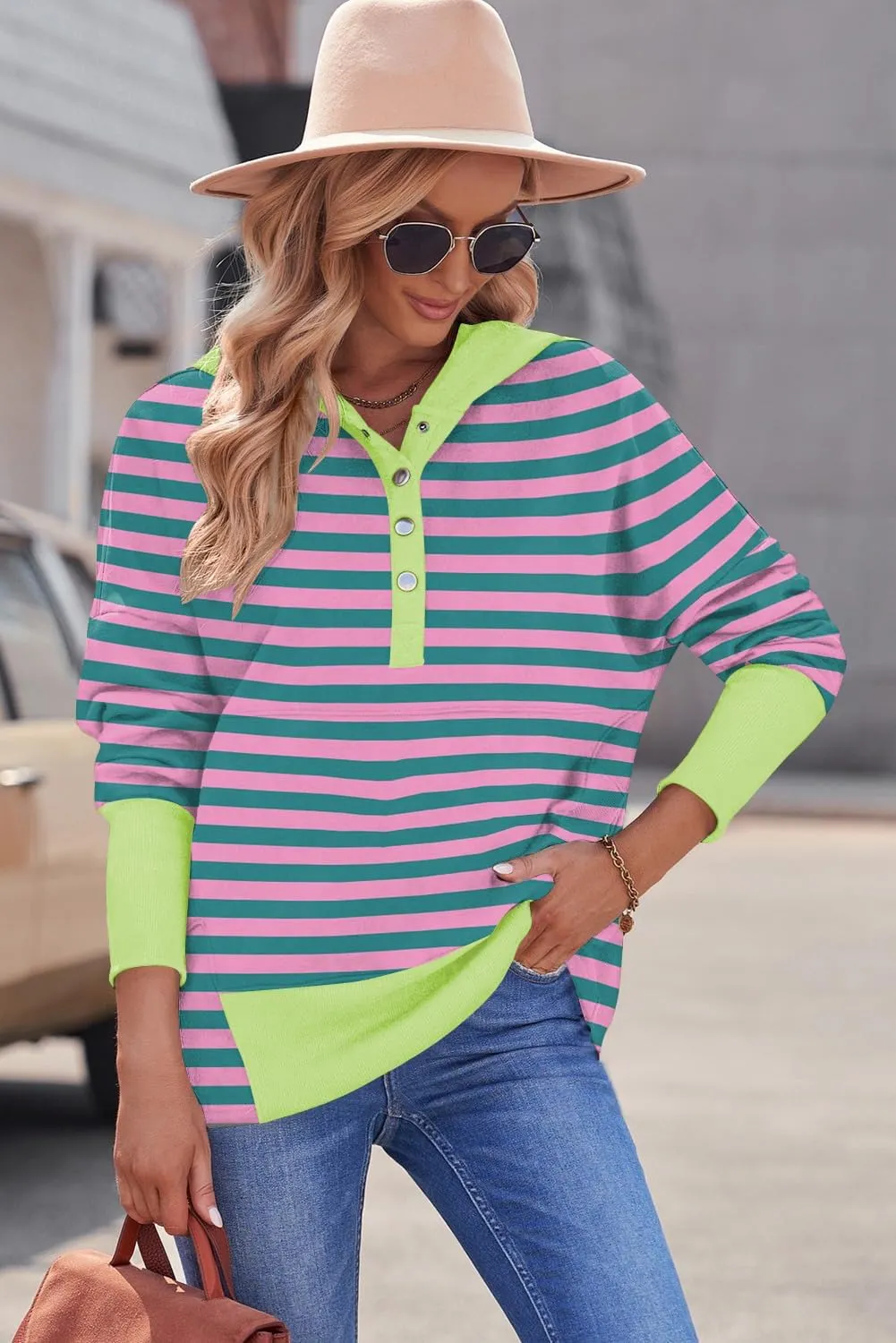Women Causal Long Sleeve Hoodie Oversied Button Collar V Neck Sweatshirt Trendy Pullover Tops With Pockets Fashion 2024