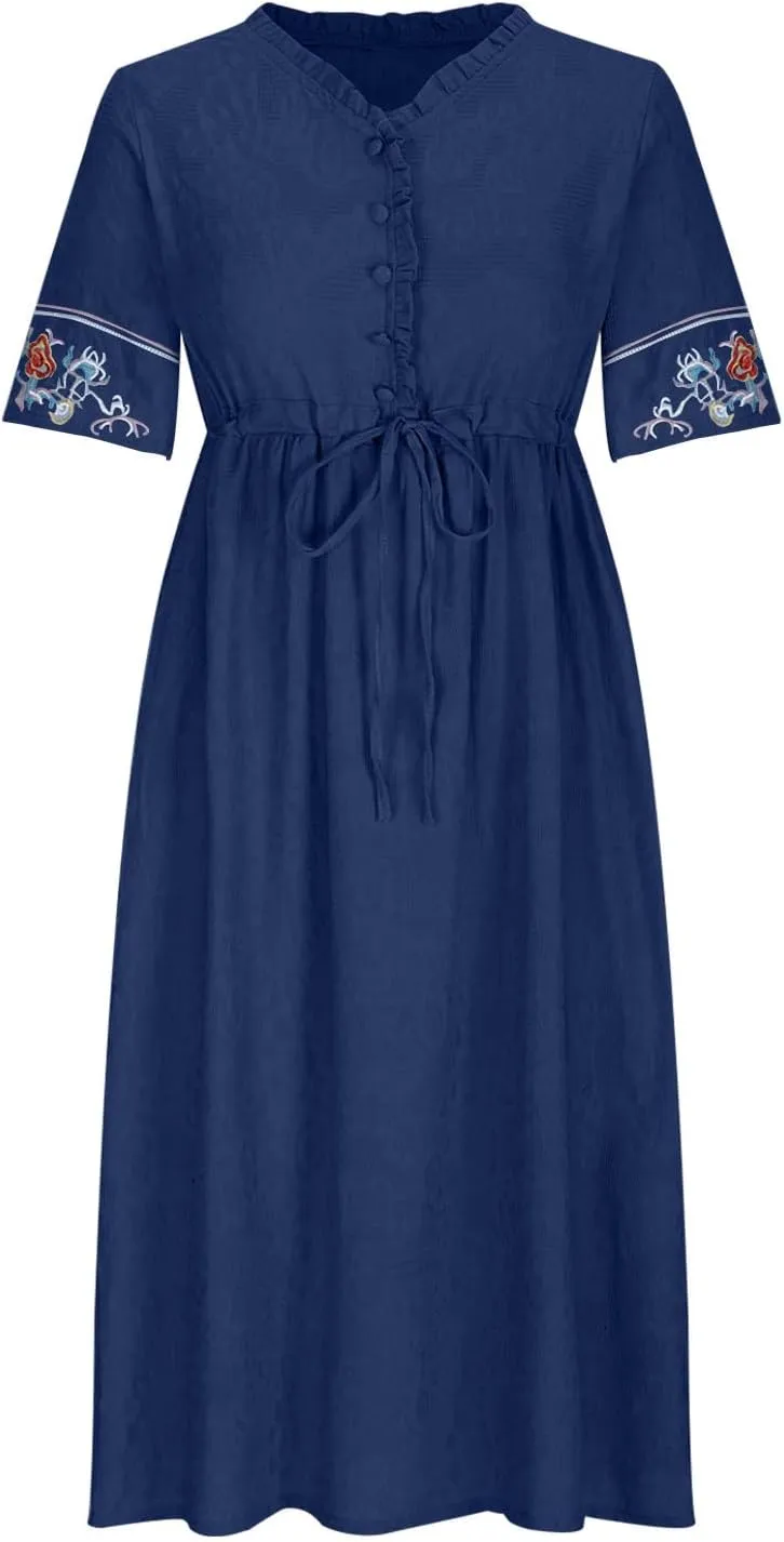 Women Cotton Linen Midi Dress Ruffle V Neck Floral Embroidery Half Sleeve Vintage 2025 Summer Pleated Casual Dress