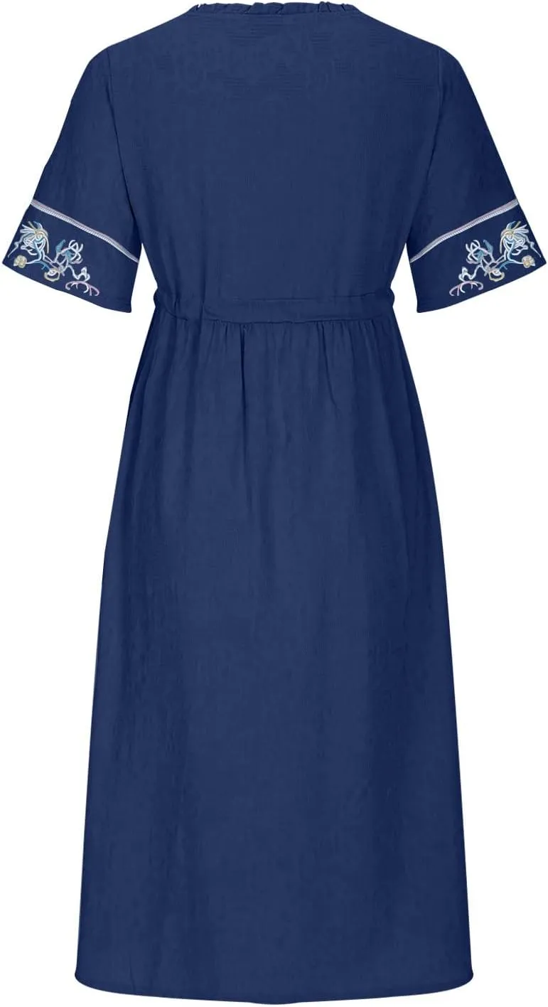 Women Cotton Linen Midi Dress Ruffle V Neck Floral Embroidery Half Sleeve Vintage 2025 Summer Pleated Casual Dress