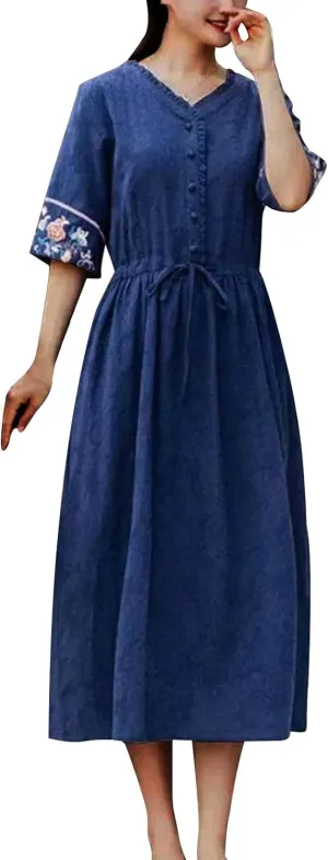 Women Cotton Linen Midi Dress Ruffle V Neck Floral Embroidery Half Sleeve Vintage 2025 Summer Pleated Casual Dress