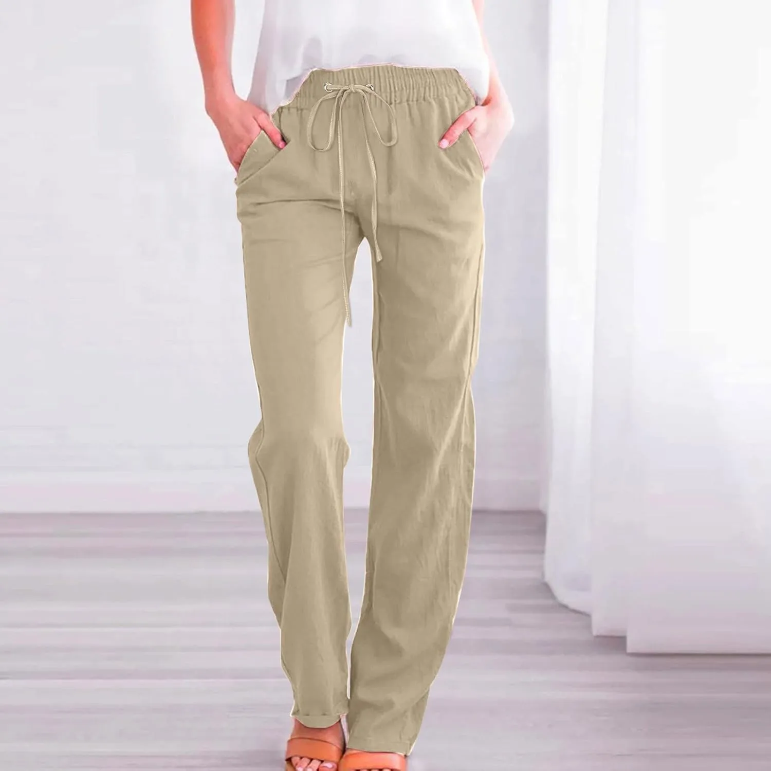 Women Cotton Linen Summer Baggy Pants Low Waist Wide Leg Plus Size Pant Trousers Office