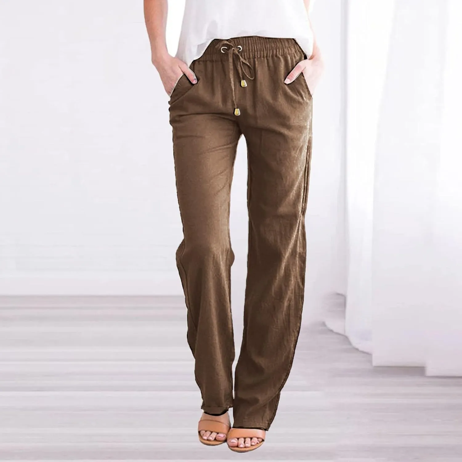 Women Cotton Linen Summer Fashion Pants Elastic Waist Wide Leg Loose Fit Palazzo Pants Beach