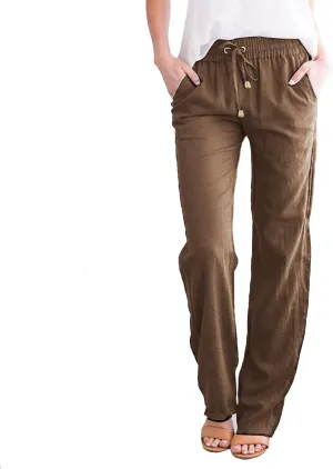 Women Cotton Linen Summer Fashion Pants Elastic Waist Wide Leg Loose Fit Palazzo Pants Beach