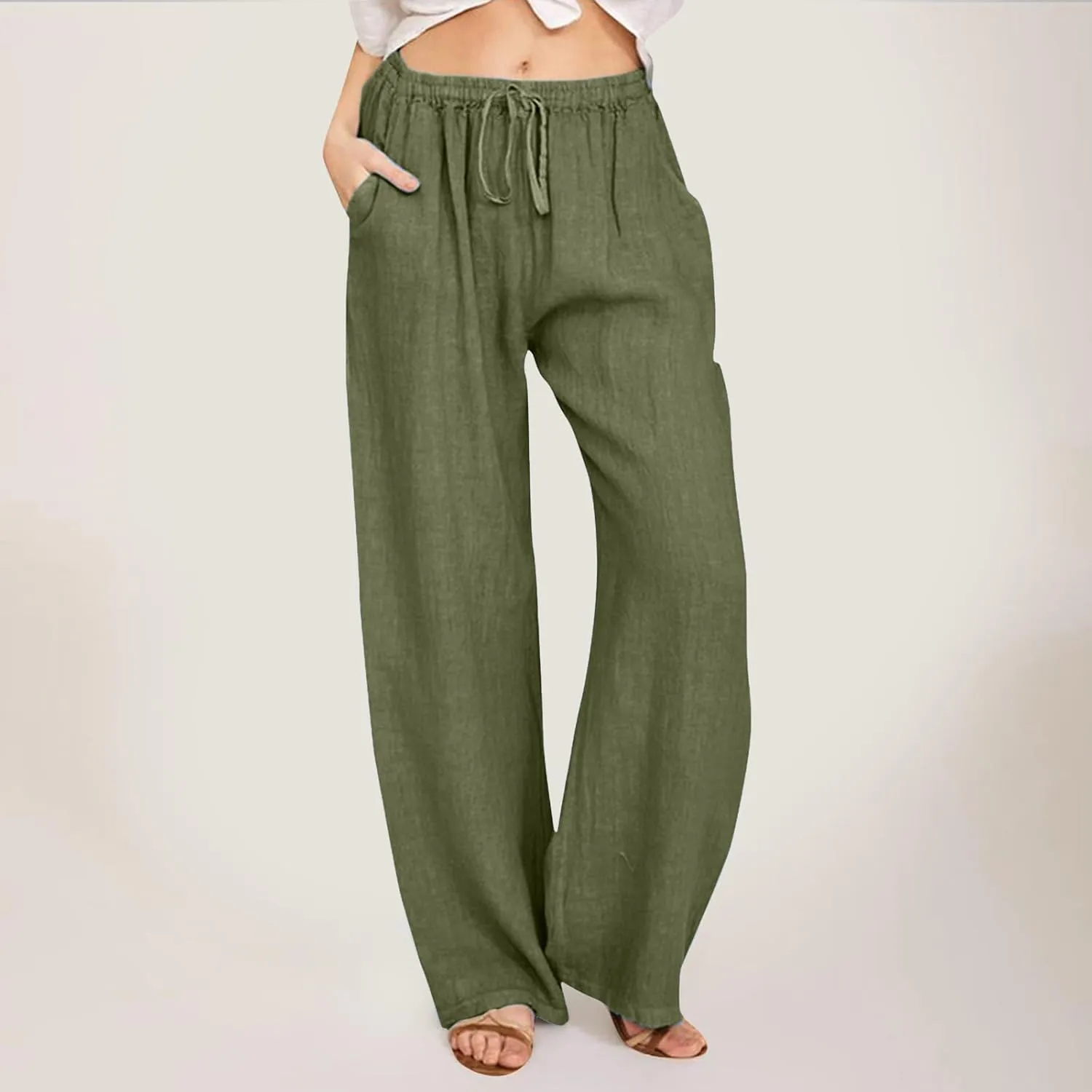 Women Cotton Linen Summer Palazzo Pant Trousers High Waist Straight Loose Fit Palazzo Pants Beach