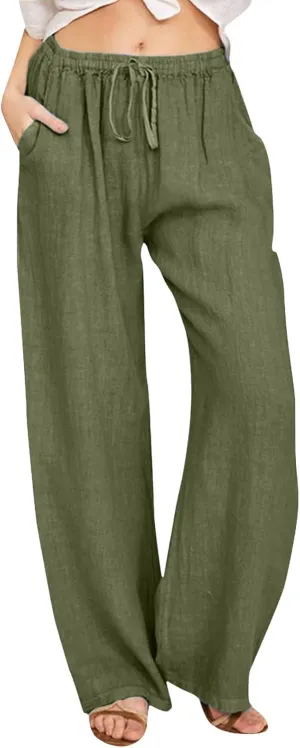 Women Cotton Linen Summer Palazzo Pant Trousers High Waist Straight Loose Fit Palazzo Pants Beach