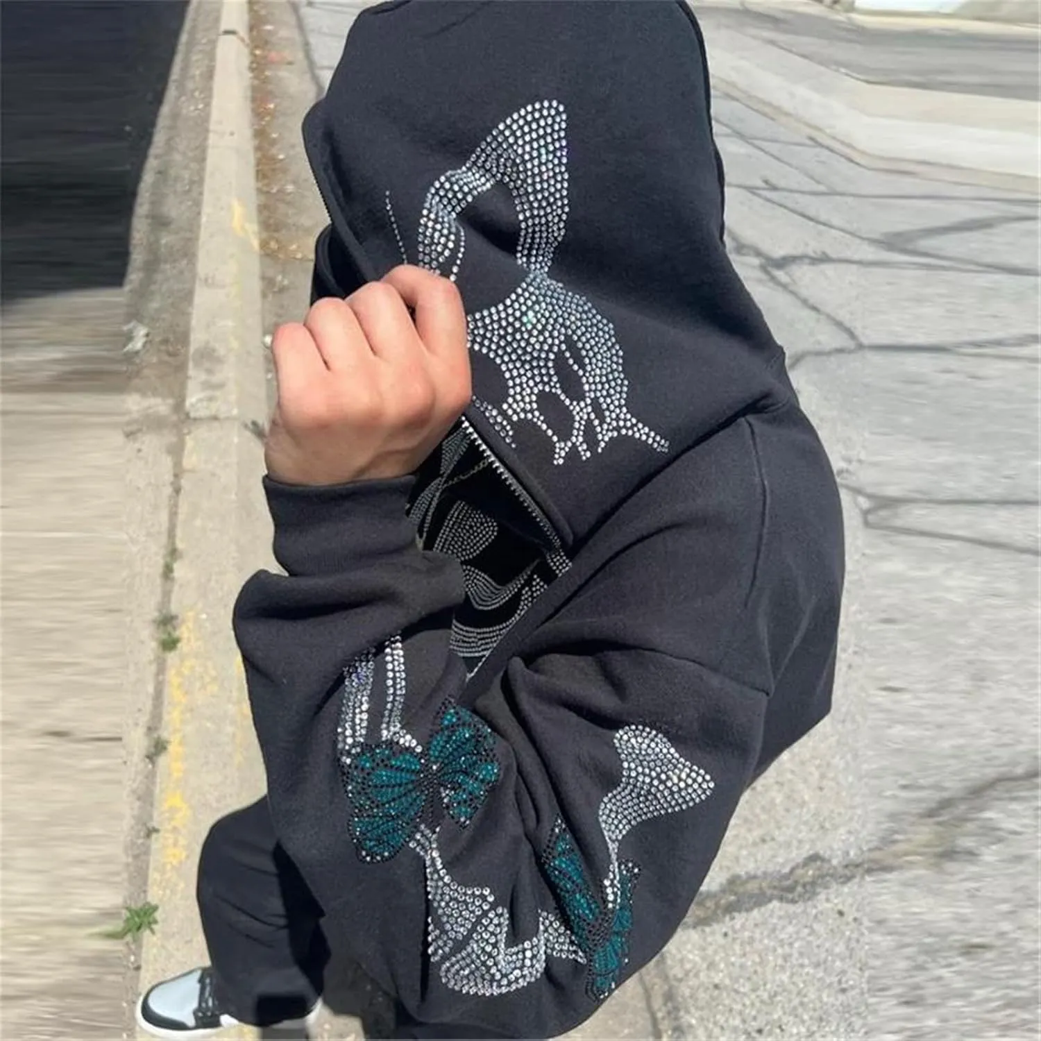 Women Grunge Zip Up Hoodies Gothic Punk Long Sleeve Printed Hooded Jackets Y2k 90s Streetwear Oversized Sweatshirts