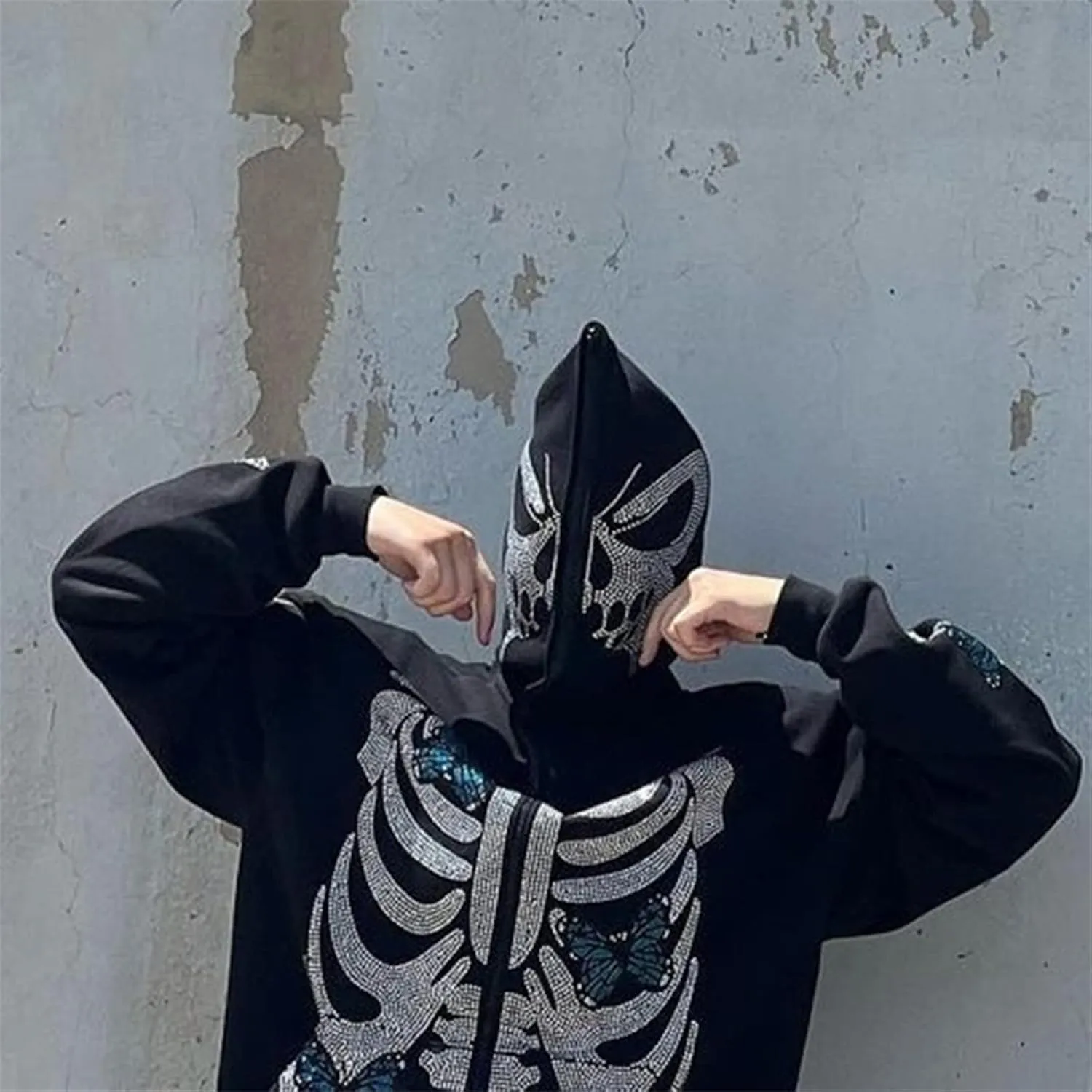 Women Grunge Zip Up Hoodies Gothic Punk Long Sleeve Printed Hooded Jackets Y2k 90s Streetwear Oversized Sweatshirts
