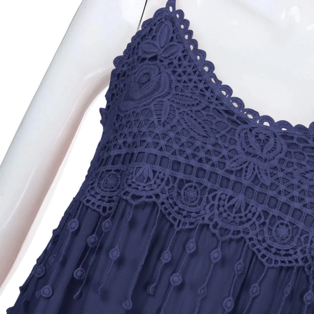 Women Lace Patchwork Boho Midi Dress Summer Ruffle Spaghetti Strap Cami Dresses Flowy Swing Sundress 2025 Plus Size
